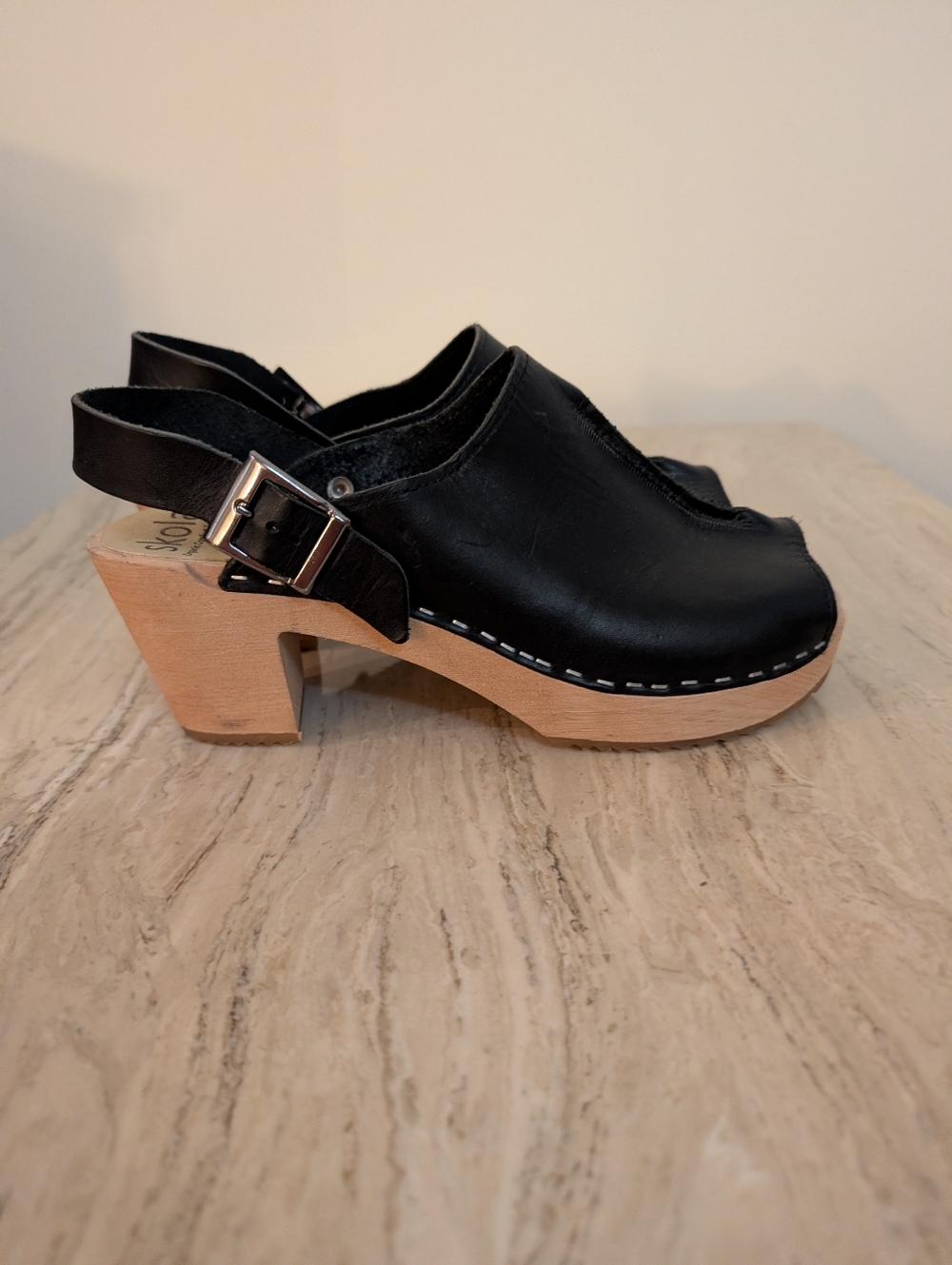 Skola Handmade Black Leather Peep Toe Clogs Sz 39